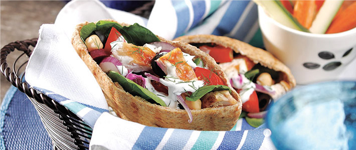 Greek Chicken Pitas with Dill-Feta Sauce