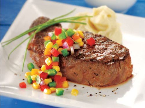 Grilled New York Strip Steaks with Rainbow Pepper Relish