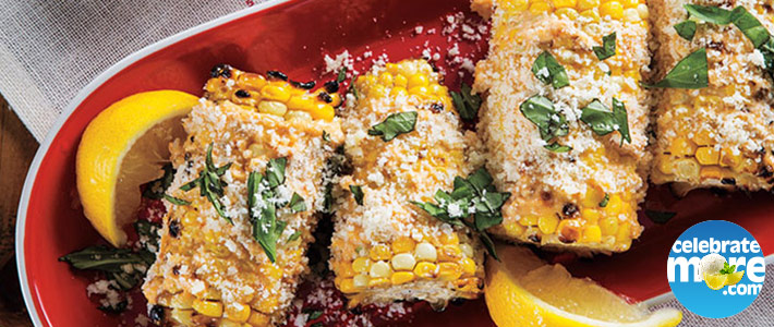 Grilled Corn with Parmesan Spread & Basil