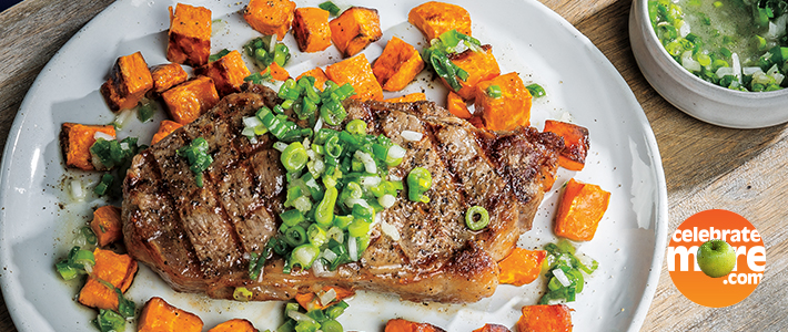 Grilled Strip Steaks with Sweet Potatoes & Scallion Chimichurri
