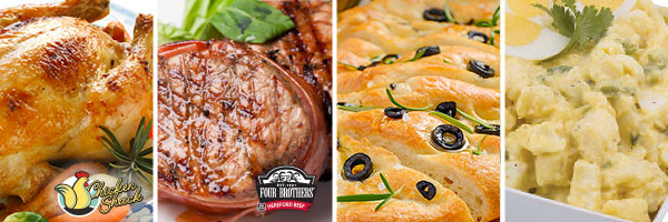 Rotisserie Chicken, Honey BBQ Pork Chops Or Bacon Wrapped Sirloin PLUS All the Fixin's!